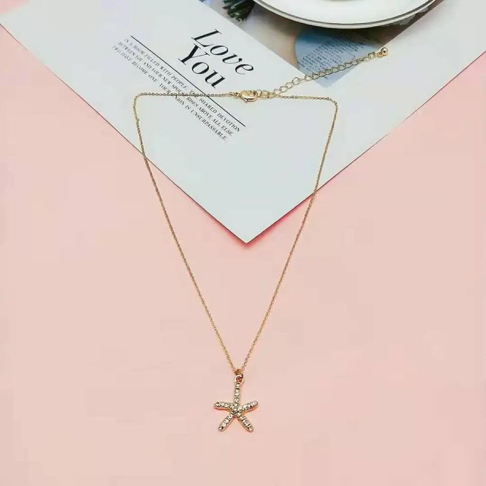 

CUTE WOMEN NECKLACES GOLD COLOR PLATING GOOD QUALITY GLASS STARFISH PENDANT NECKLACE