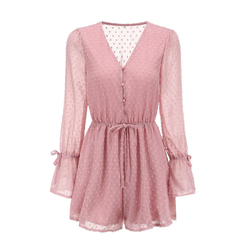 

Women's Summer Jumpsuit Combinaison Pantalon Femme 2019 New Long Sleeve Body Beach Romper Shorts Playsuit Pink/White
