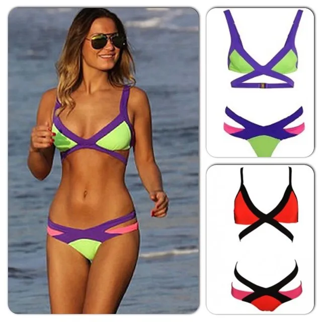 Bandeau Mesh Women Bikini Stitching thong Green Red Purple Cheap Bathing Suit Swimwear Sexy 2016 Bra