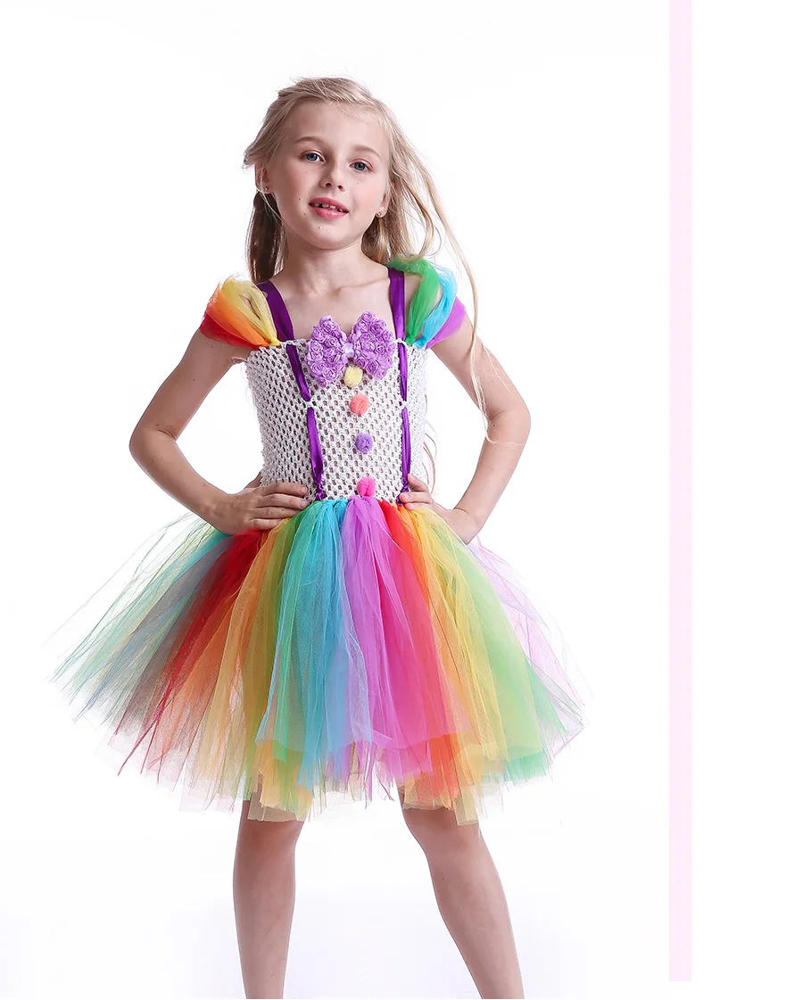 Girls Clown Rainbow Inspired Handmade Tutu Dress Colored Pom Poms Kids Party Dress for Birthday Outfit or Halloween Costume (7)