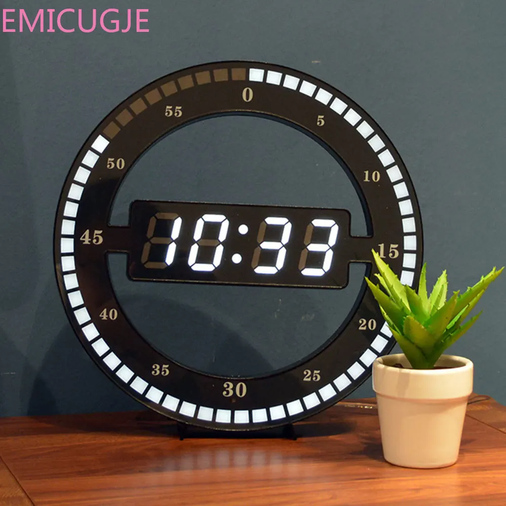 

Adjust Brightness Digital Led Display Desktop Table Clock Creative Mute Hanging Wall Clock Black Circle Automatically
