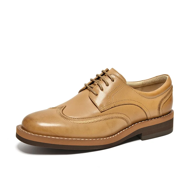 BeauToday/Повседневная обувь; женская обувь из натуральной телячьей кожи на шнуровке с круглым носком; модная дизайнерская женская обувь ручной работы; 21417 - Цвет: Brownish-Yellow