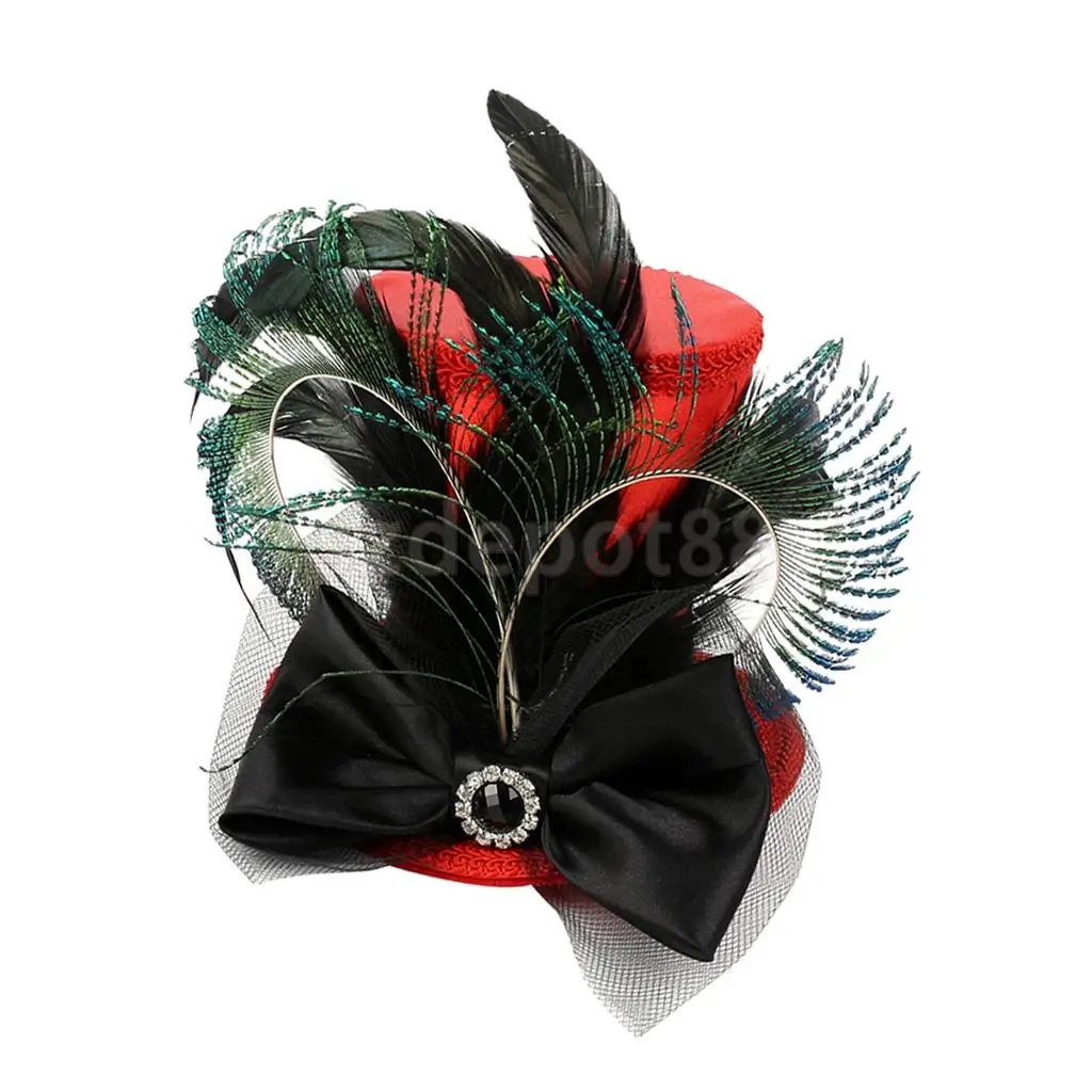 Vintage Women Ladies Black Feather Mini Top Hat Bowknot Hair Clip Fascinator Wedding Engagement Church Party Headwear