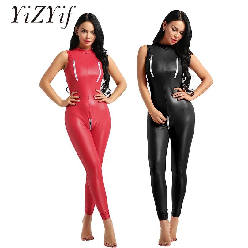 

YiZYiF Sexy Women Bodysuit Wetlook Patent Leather Night Club wear Adult Latex Catsuit Zipper Bust Crotch Erotic Leotard Lingerie