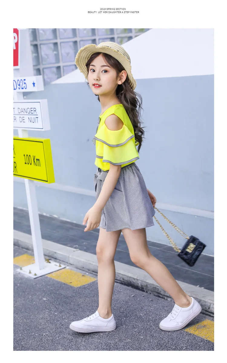 New Casual Teenage Girls Clothing Summer Fashion Bow Ruffle Sleeve Shirt Plaid Shorts Kids Clothes Set 2pcs Korean Children Suit (12)