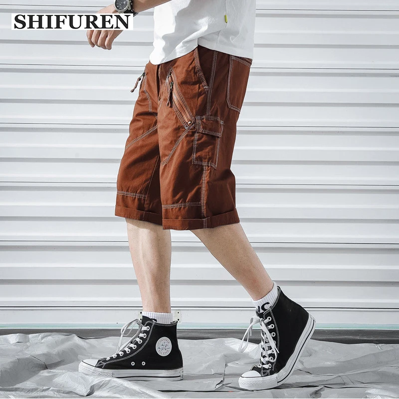 

SHIFUREN 2019 Summer Men Cotton Cargo Shorts Multi-pocket Loose Fit Causal Men Baggy Overalls Shorts Knee-Length Plus Size 29-40