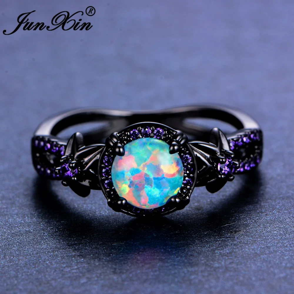 Бренд junxin, женское кольцо с белым огненным опалом,, модное фиолетовое кольцо, Черное золото, заполненное ювелирное изделие, винтажные Свадебные Кольца для женщин