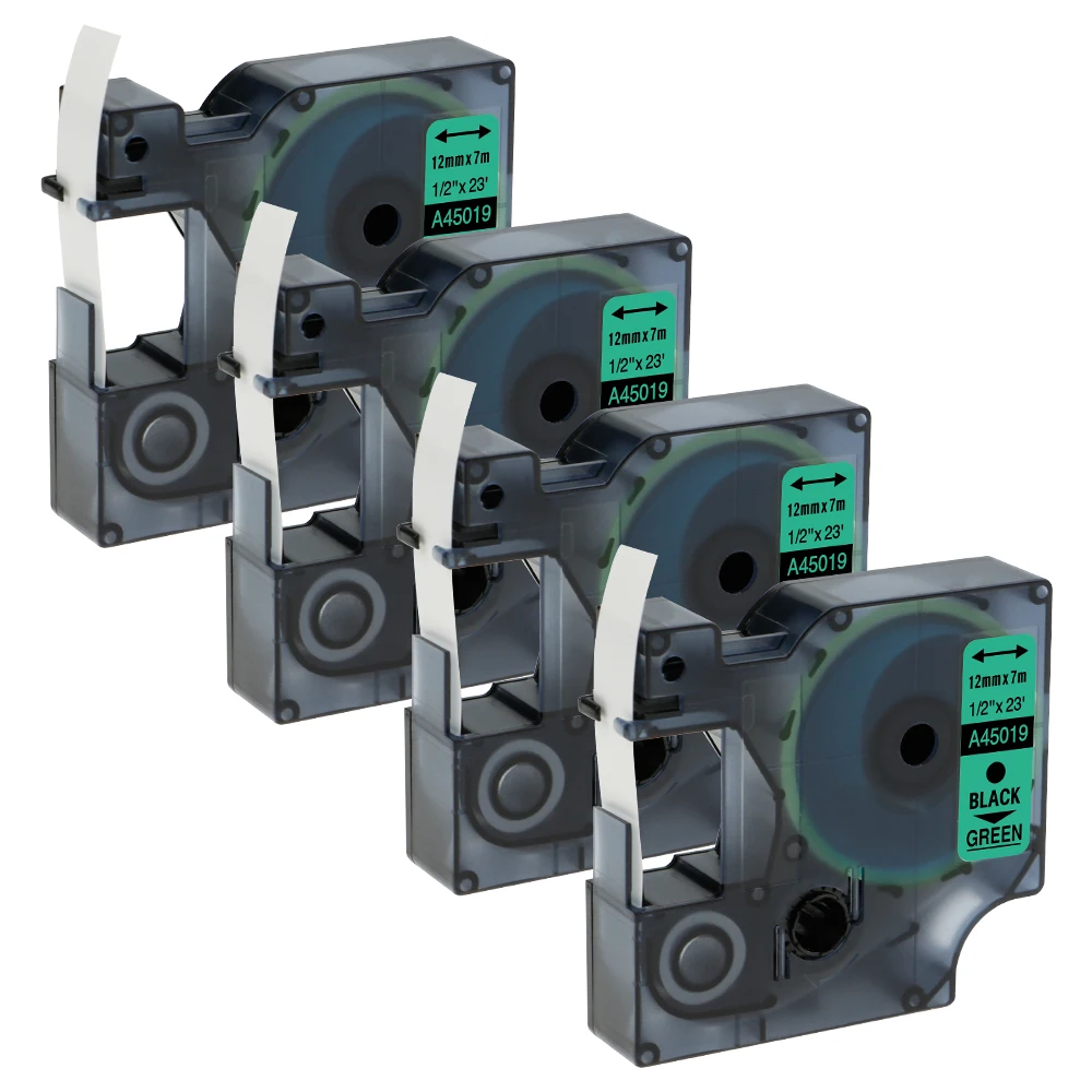 4 Packs 45019 Compatible DYMO D1 Label Tapes 45019 12mm Black on Green