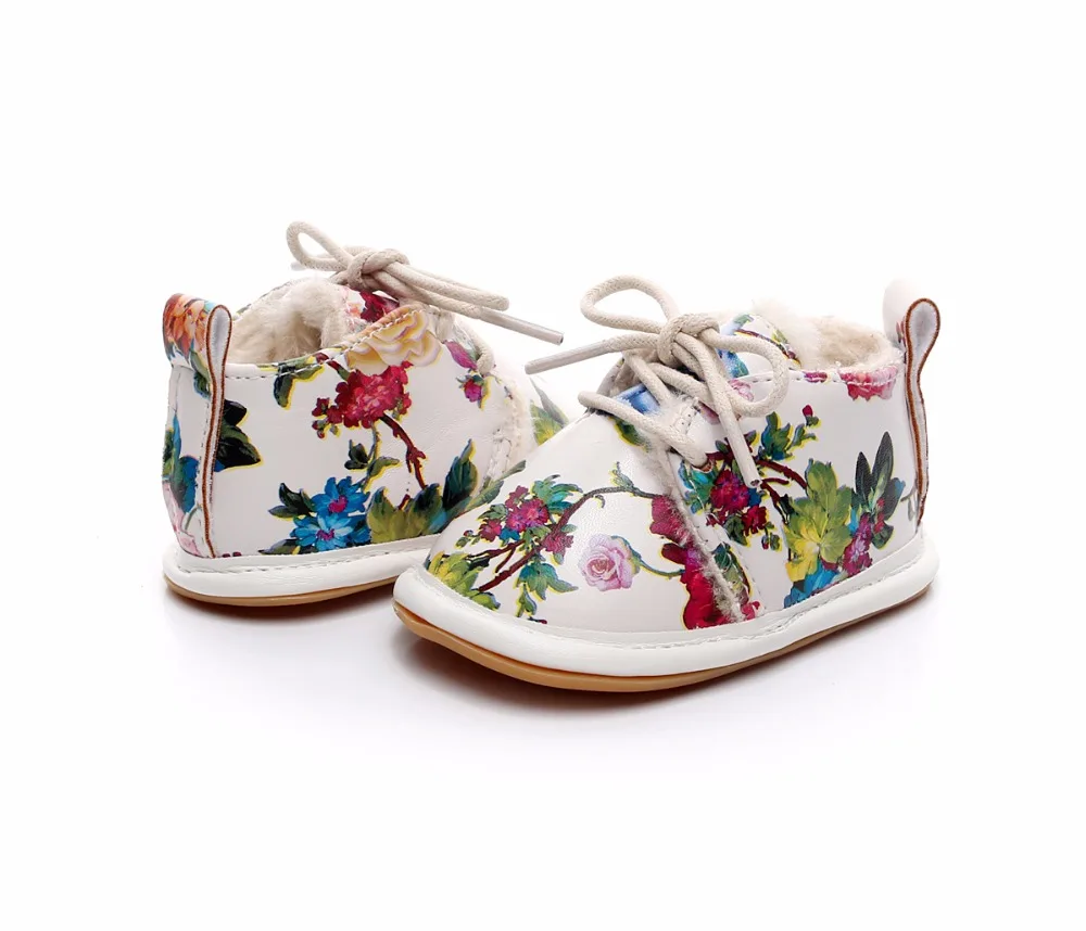 VIP Dropshiping lace up floral printing baby moccasins super warm PU leather fur winter baby shoes toddler girls boys snow boots