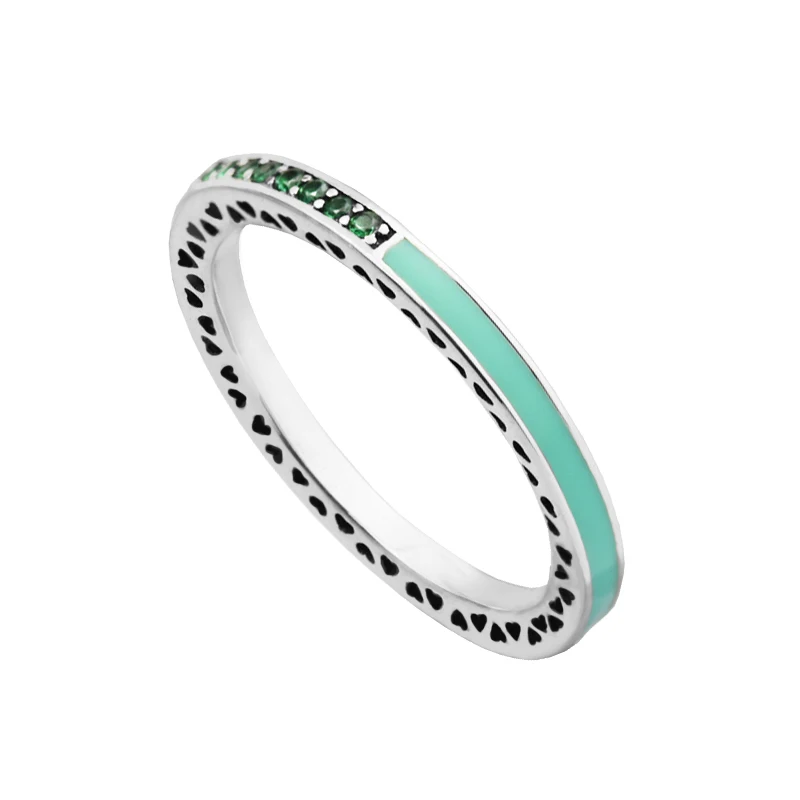 

Ring 100% 925 Sterling Silver Bright Mint Enamel & Royal Green Crystals Radiant Hearts Rings for Women Gift PFR100G