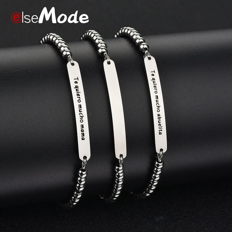 

ELSEMODE Personalize Engrave Bar Custom Bracelet Adjustable Metal Beads Stainless Steel Bangle For Women Abuelita MaMa Jewelry