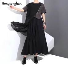 Бренд Hongsonghan, женская шифоновая футболка с коротким рукавом на молнии, фабричное платье с круглым вырезом и цепочками, платья с 3D рисунком