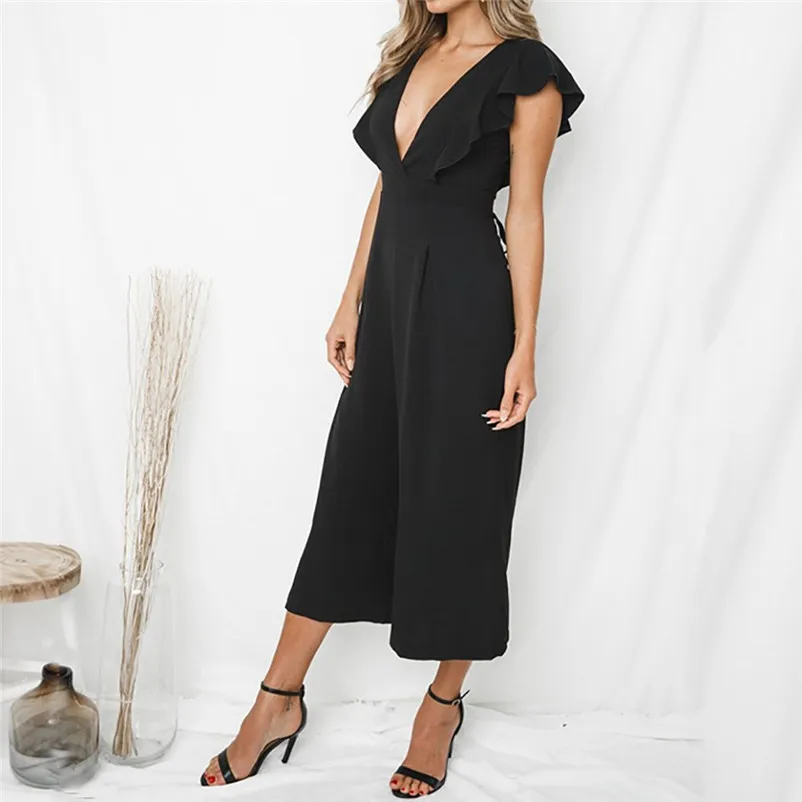 Fashion summer jumpsuit woman 2018 Sexy Deep-V Rompers Solid Short Sleeve Ruffles Long Jumpsuit pantaloni siamesi Y12#N (14)