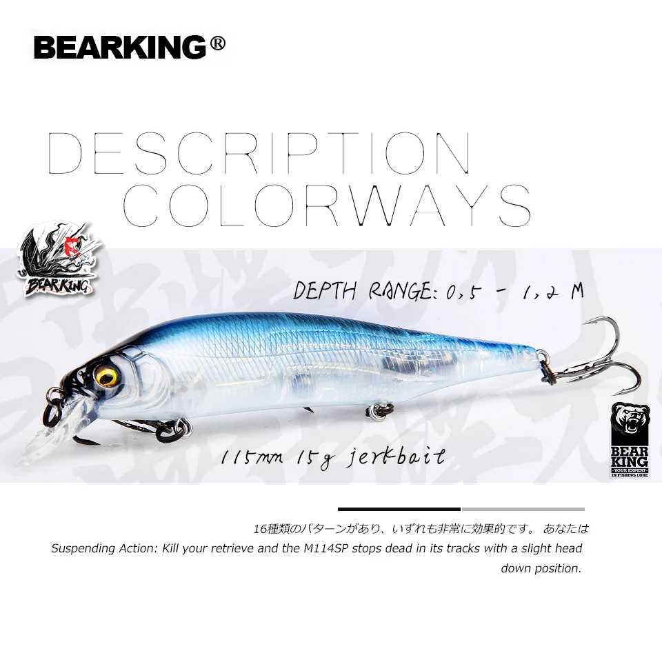 BEARKING 115mm 15g Hot SP fishing lures, assorted colors, minnow crank ,Tungsten weight system wobbler model crank bait