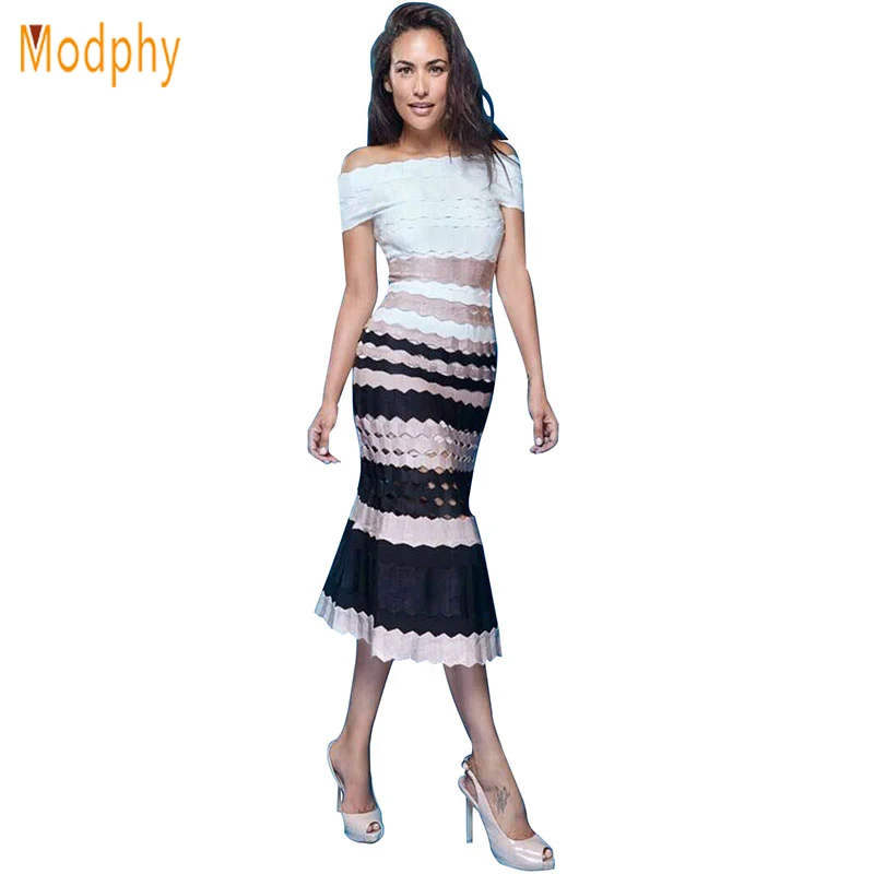 

2018 woman rayon slash neck off the shoulder stretchy cascading suffle mid calf celebrity evening party bandage dress HL209