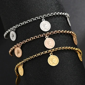 

F-B353 Wholesale Elizabeth Coin Charm Bracelets For Women Wholesale Jewelry Popular Stainless Steel Gold Color Bracelet Men