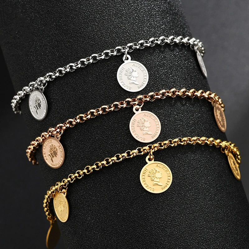 Online F B353, venta al por mayor, pulseras con dijes de monedas de Color dorado y acero inoxidable para mujer, pulseras para hombre