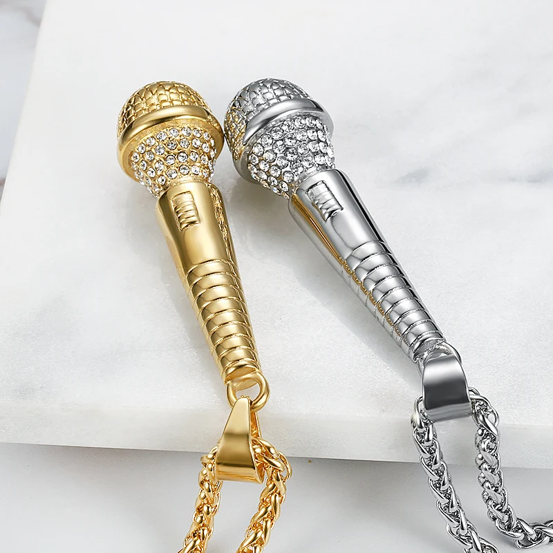 Хип-хоп ожерелье из нержавеющей стали золотого цвета Iced Out цепи музыкальный кулон «микрофон» ожерелье для мужчин/женщин Подарки