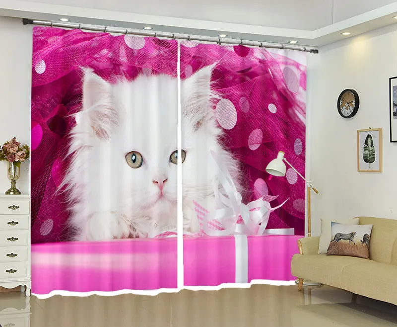 White cat Curtain Luxury Blackout 3D Window Curtain Living Room kids