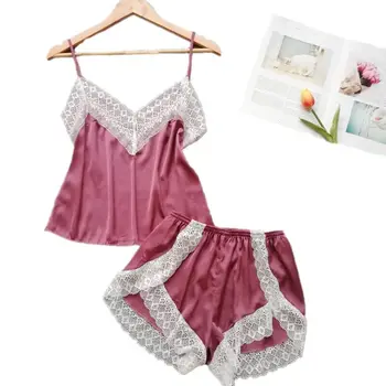 

Sexy Lingerie Pajamas Sets For Women Sleeveless & Shorts Pyjama Suit 2019 Summer Slik Satin Lace Sleepwear 2 Pcs Home Wear