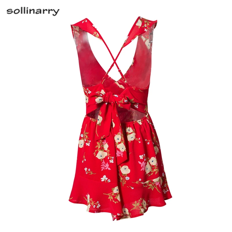 Sollinarry Lace up bow backless red floral print romper Ruffles women playsuits Summer beach short jumpsuits Sexy V neck rompers