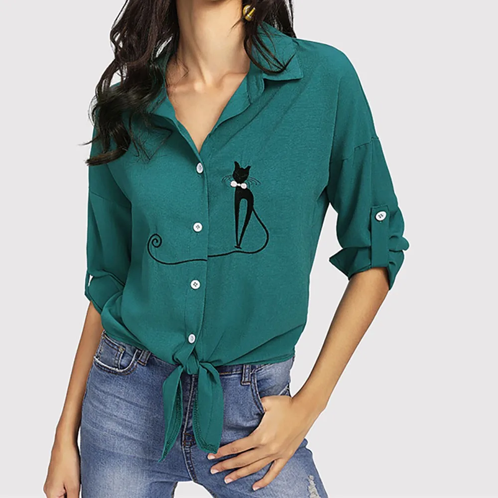 

Manubeau Casual Turn-down Collar Shirts Women Embroidered Cat Knotted Hem Shirt Long Sleeve Blouse Button Tops Blusa Feminina