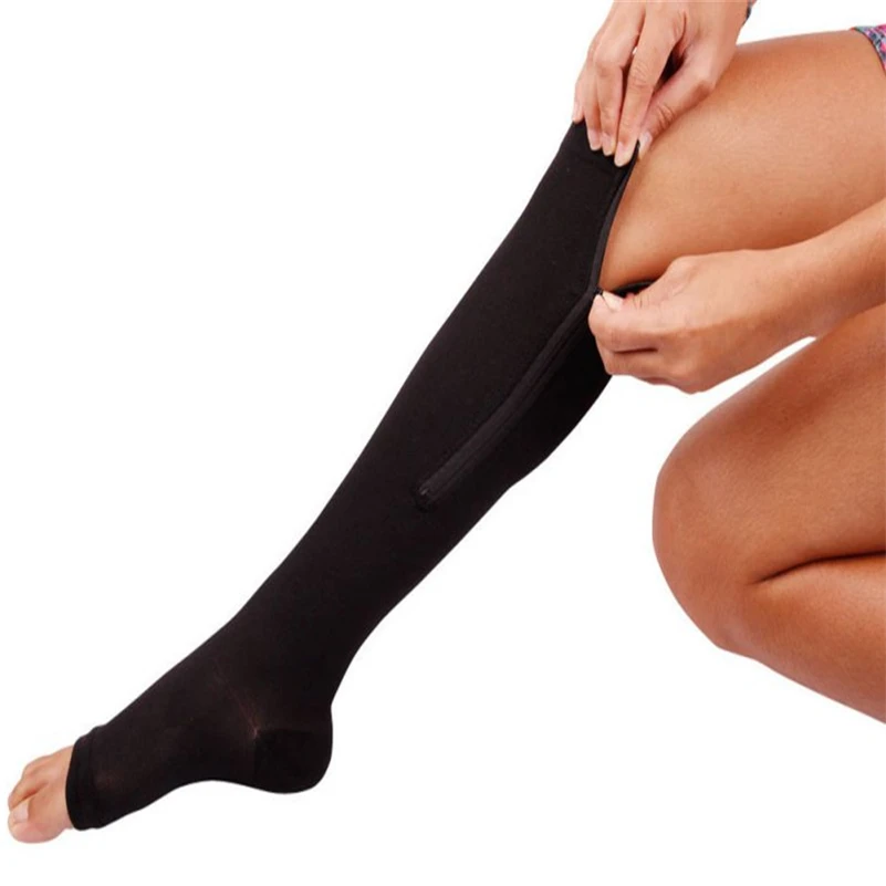 S/M/XL Hot Selling Women Zipper Compression Socks Zip Leg Support Knee Sox Open Toe Sock