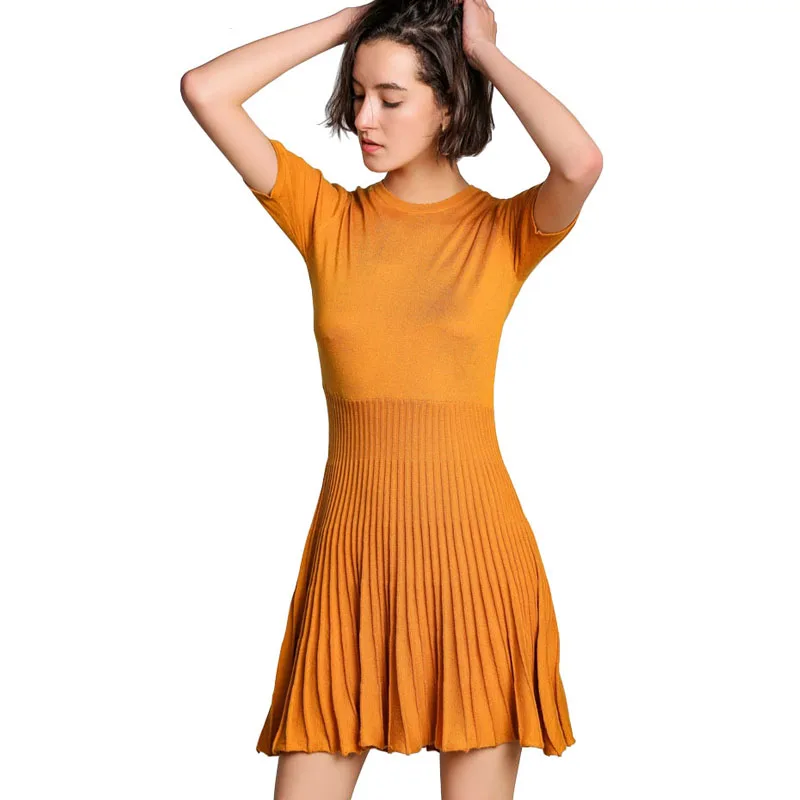 Knitted Pleated Mini Dress Women 2019 New Summer O Neck Short Sleeve Korean Style Knitted Dress Stretch Office Party Club Dress