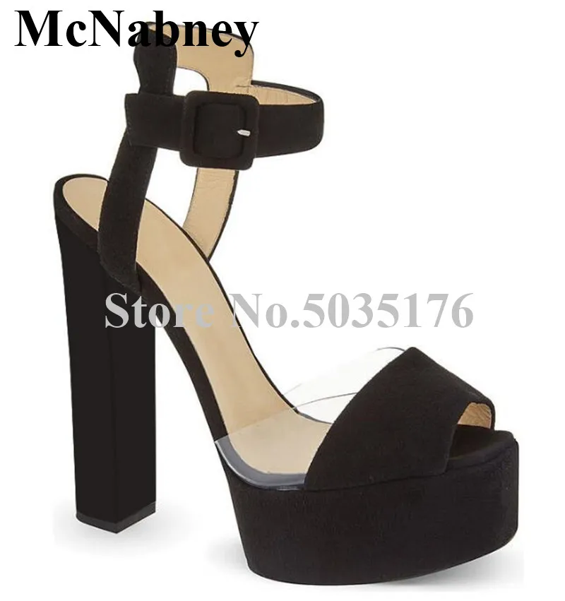 

2019 European Fashion Solid Flock PVC Peep Toe High Platform Sandals Ankle Strap Buckle High Hoof Heel Sandals Dress Women Shoes