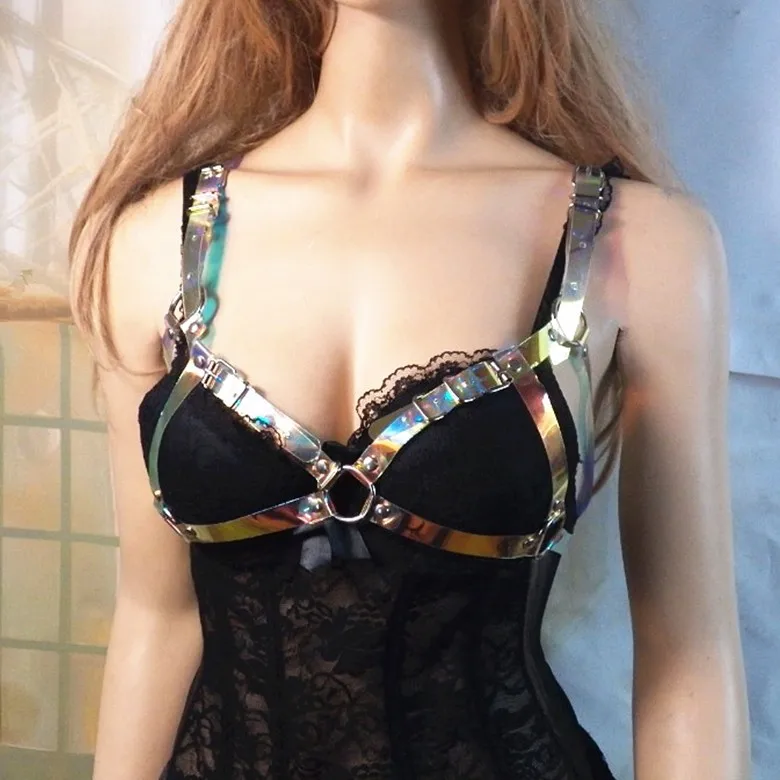 

100% Handmade Punk Gothic Chain Metal Holographic Choker Bra Caged Harness Straps Hologram Rainbow PVC Vinyl Bondage Waist Belt