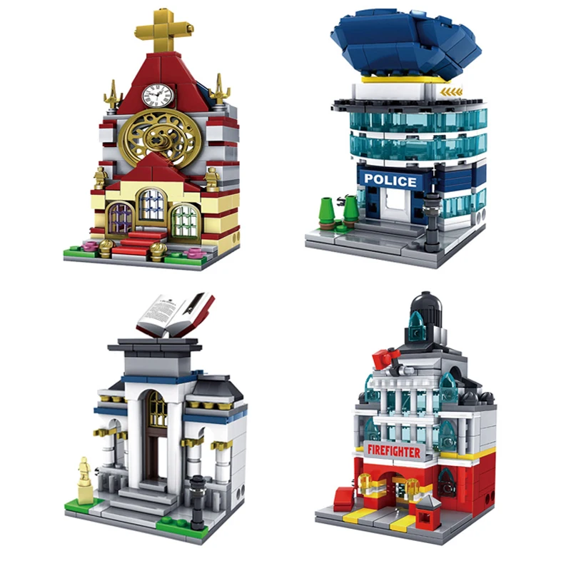 

City Series Mini Street View Architecture Church Police Station Library Firefighter Building Blocks Compatible Creator Sets