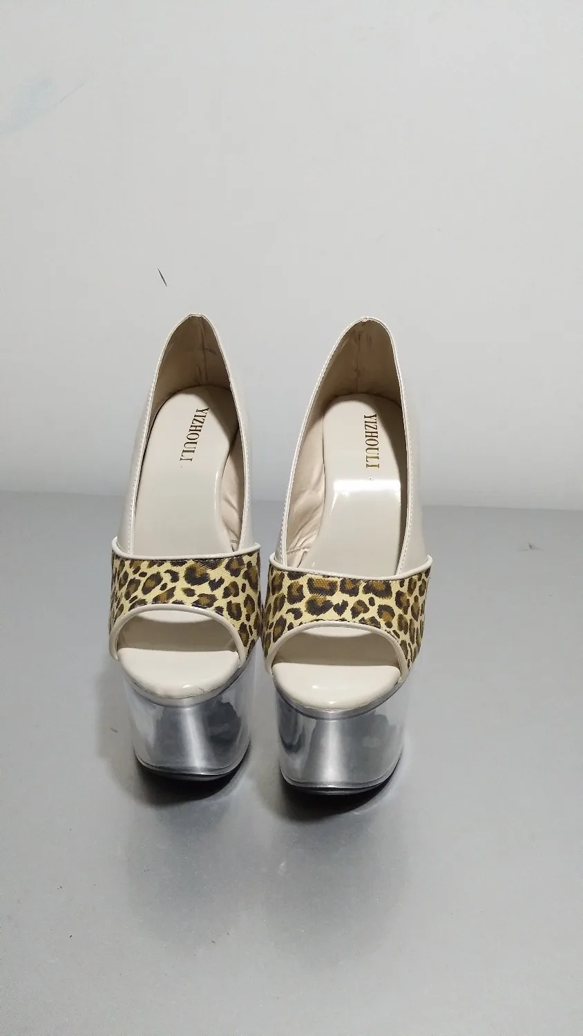 Sexy leopard print material high heels, thick sole 17cm thin heels long strip crystal head waterproof platform, stage shoes