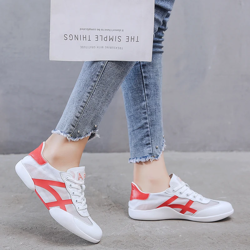 

2019 New Mesh Shoes For Women Casual Vulcanize Flat Shoes Shallow Sneakers Girls Low Heels Lace-up Round Toe Solid Sneakers