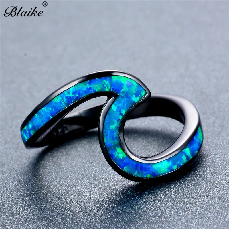 

Blaike Vintage Blue/White/Green/Pink Fire Opal Wave Ring High Quality Black Gold Filled Wedding Rings For Women Gifts Jewelry