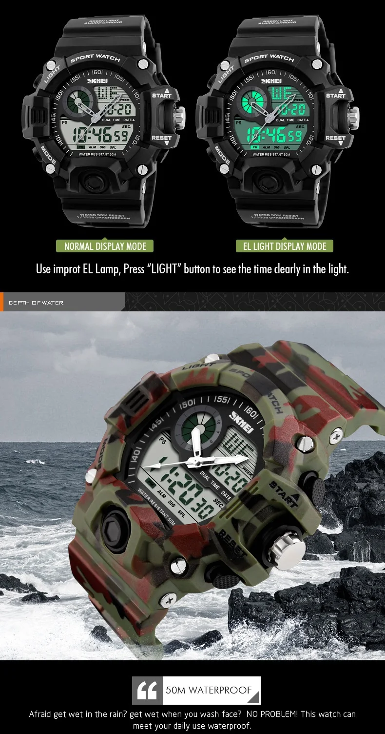 Новинка, кварцевые цифровые камуфляжные часы, мужские спортивные часы с двойным временем, мужские часы Skmei S Shock, военные армейские часы, светодиодный наручные часы