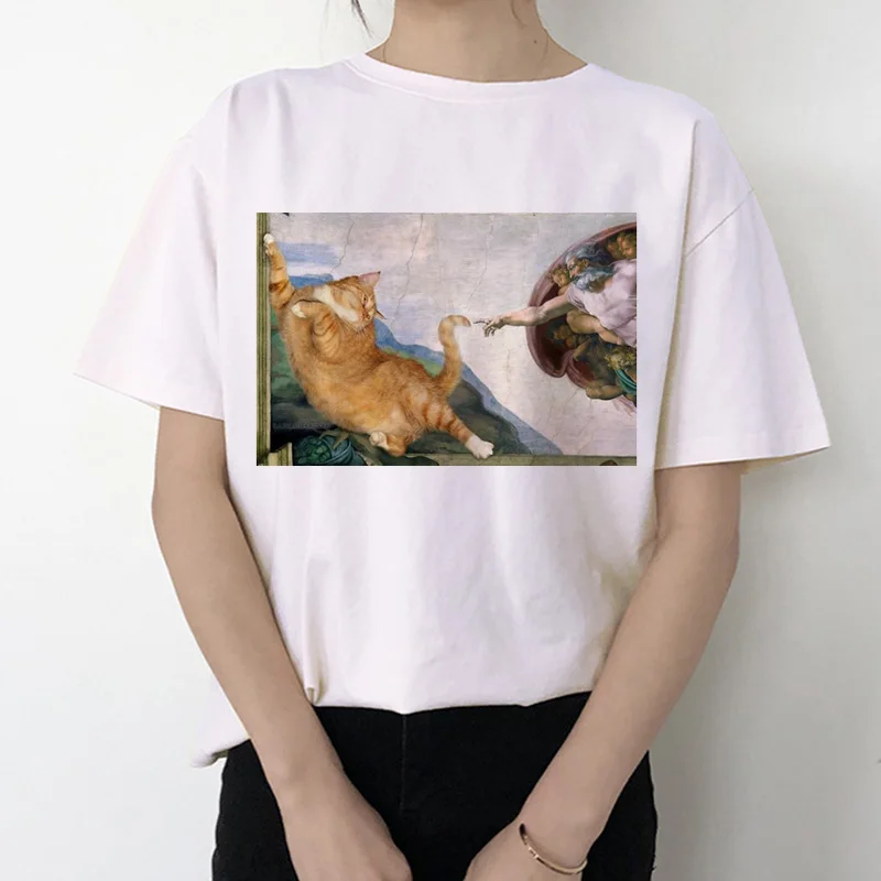 

cat funny women t shirt 2019 Michelangelo korean kawaii ulzzang tshirt female Graphic Short Sleeve print t-shirt O-neck fashion