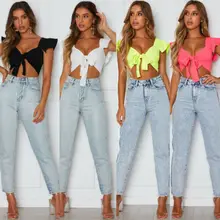 Fashion Women Short Sleeve Soft Crop Top Front Knot Tie Ladies Casual Ruffle Solid Color Summer V-Neck Shirt Clothes knot front ruffle trim dress