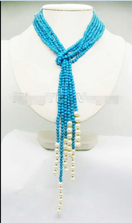 

shipping 4mm round blue turquoise & 7-8mm White Round Pearl 3-strand 45" necklace_TUN32