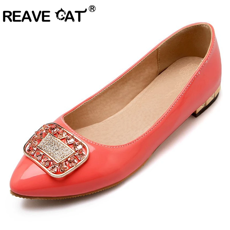 

REAVE CAT Sweet Rhinestone flats Metal heel Spring Autumn Pointed Toe Slip on Plain Black Pink Plus size 31-48 Dress office