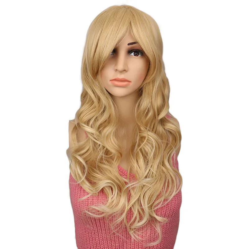 

QQXCAIW Long Wavy Women Ladies Mixed Blonde Wig 65 Cm High Temperature Fiber Synthetic Hair Wigs