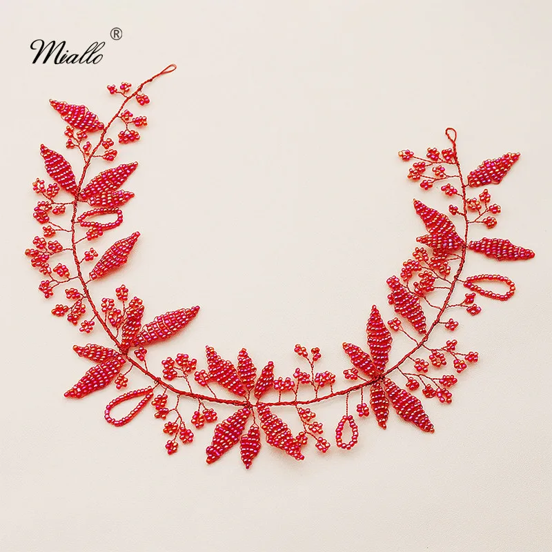 

Miallo Red Flower Handmade Copper Wire Pearls Hair Vine Wedding Headband Bridal Hair Jewelry Accessories Queen Tiaras Headpieces