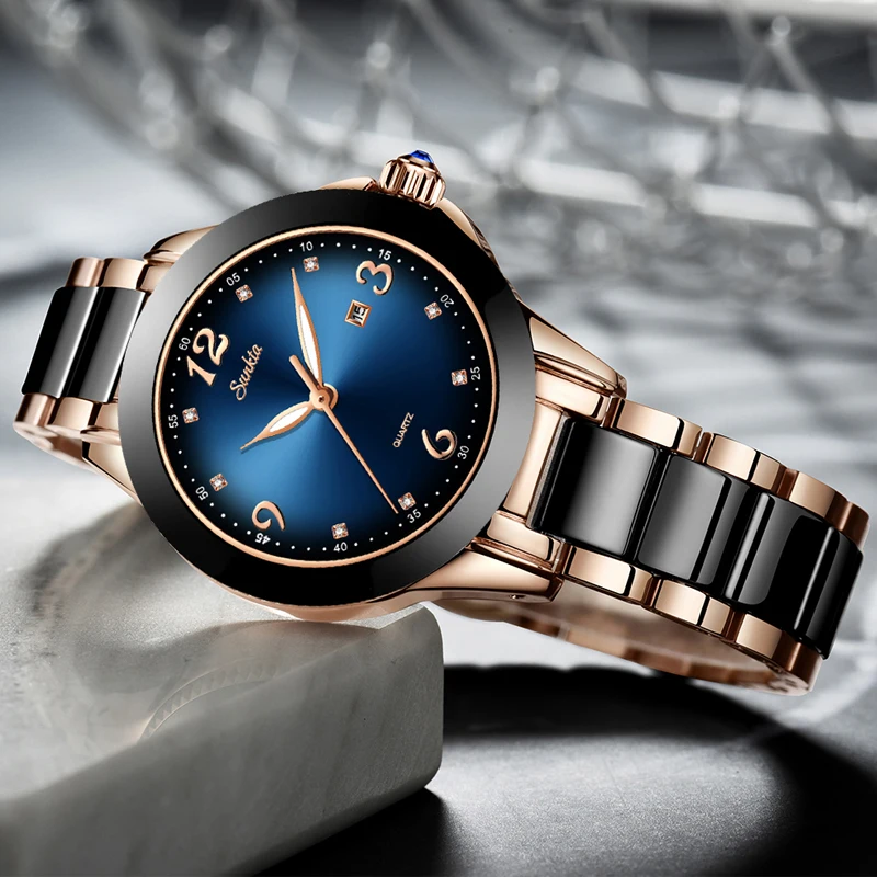 Sunkta Blue Waterproof Bracelet Watch Fashion Women Watches Ladies Top Brand Luxury Ceramic Rhinest-6
