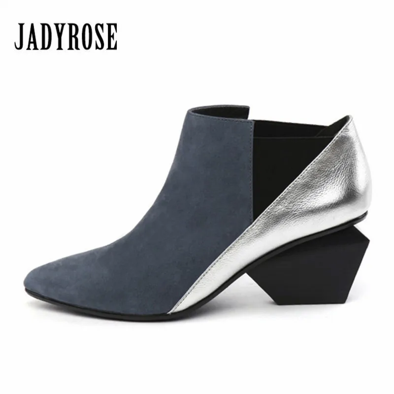 

Jady Rose Color Block Women Ankle Boots Genuine Leather Strange Heel Pointed Toe Botas Mujer Women Short Rubber Boots