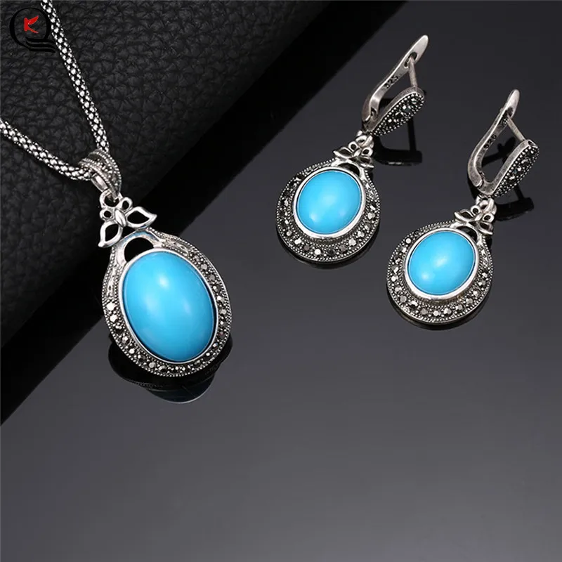 

Retro Sliver Plated Women Jewelry Sets Round Blue Drop Earring Pendent Earring New Fashion Party Gifts Jewelry