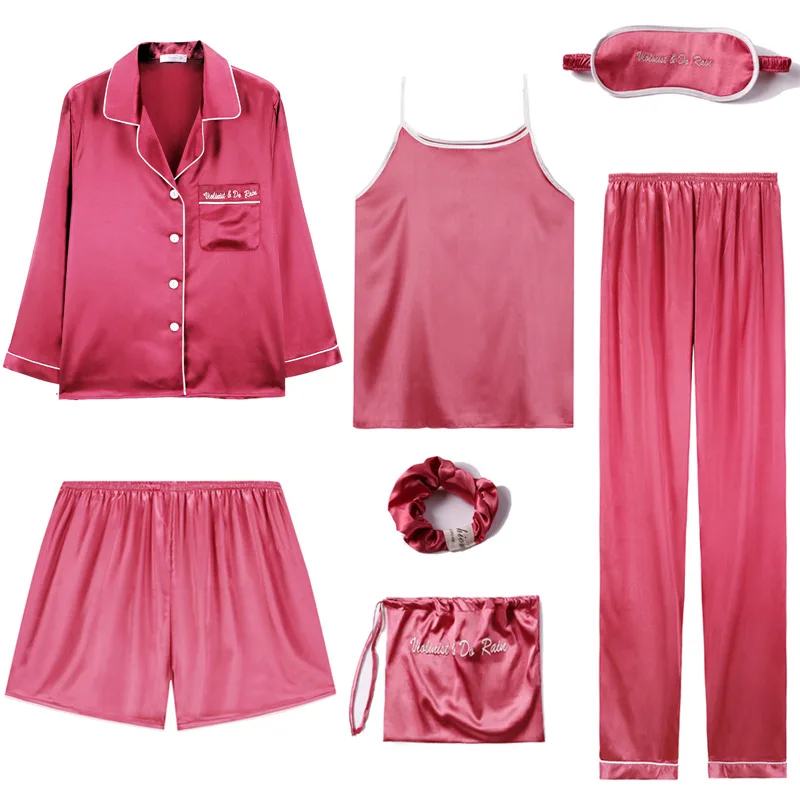 

Spring&summer Long Sleeved Sexy Pijama Ice Silk 7 Pieces Thin Shorts Suit Silk Pajamas for Women Night Suit Home Sleepwear Sets