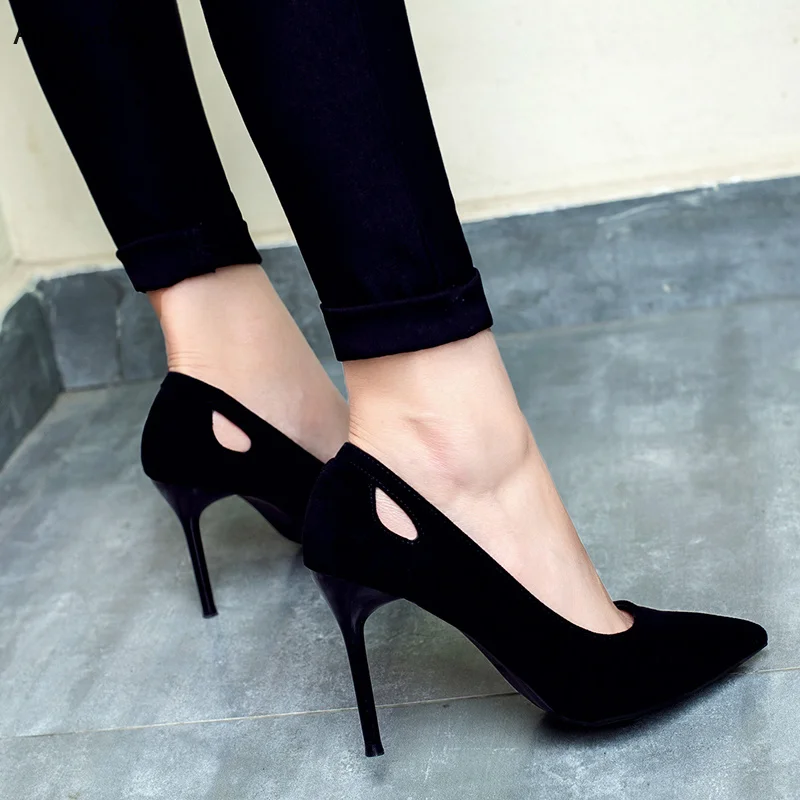 Pumps Women Simple Trendy Black High Heels Thin Flock Womens Korean Style All-match Working Leisure Female Slip-on Zapatos Mujer Pumps Women Simple Trendy Black High Heels Thin Flock Womens Korean Style All-match Working Leisure Female Slip-on Zapatos Mujer