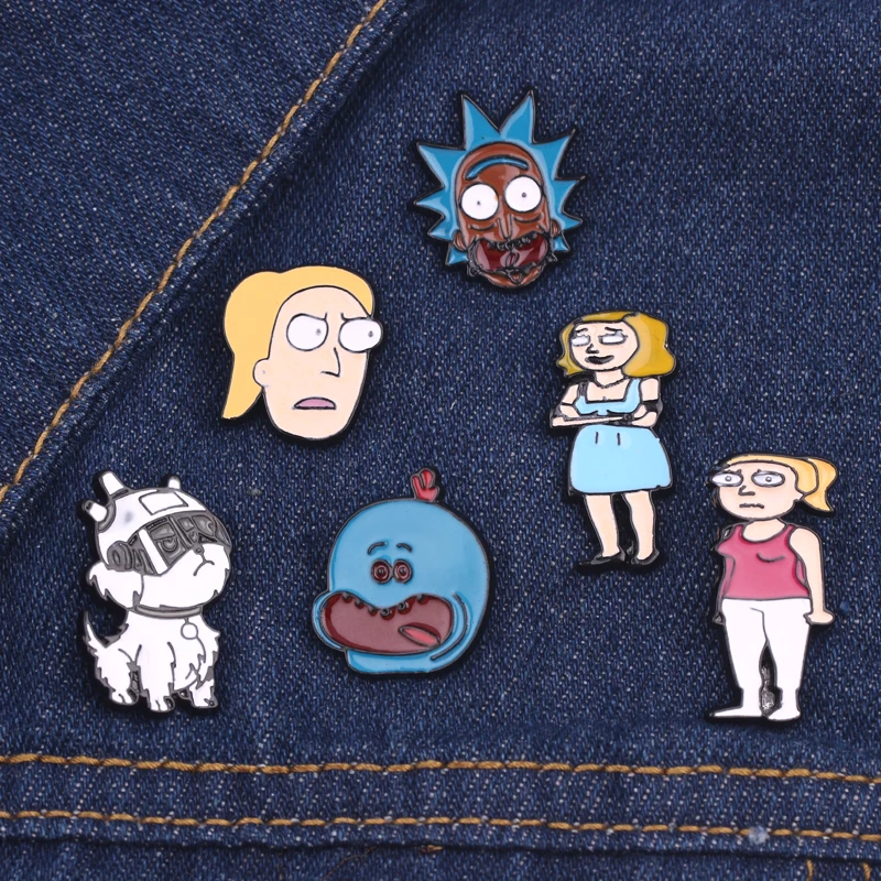 Wholesale 20pcs Funny Cartoon Rick and Morty Brooch Crazy Scientist and Grandson Enamel Lapel Pins Creative Gifts for Fans Kids