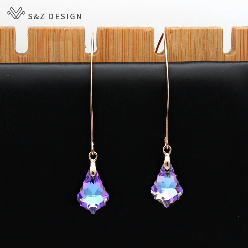 S&Z DESIGN New 585 Rose Gold Color Long Colorful Water Drop Crystal Dangle Earrings For Women Wedding Fashion Party Gift