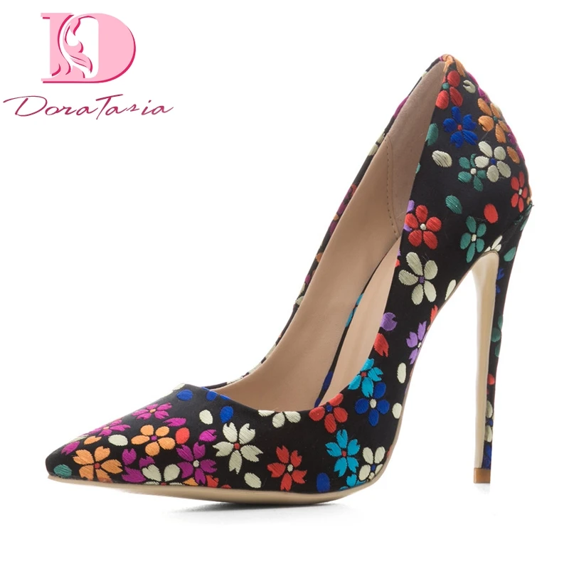 

DoraTasia New women's Cloth Flower Thin High Heels Pointed Toe slip-on Shallow Shoes Woman Casual Pumps Plus Size 33-45