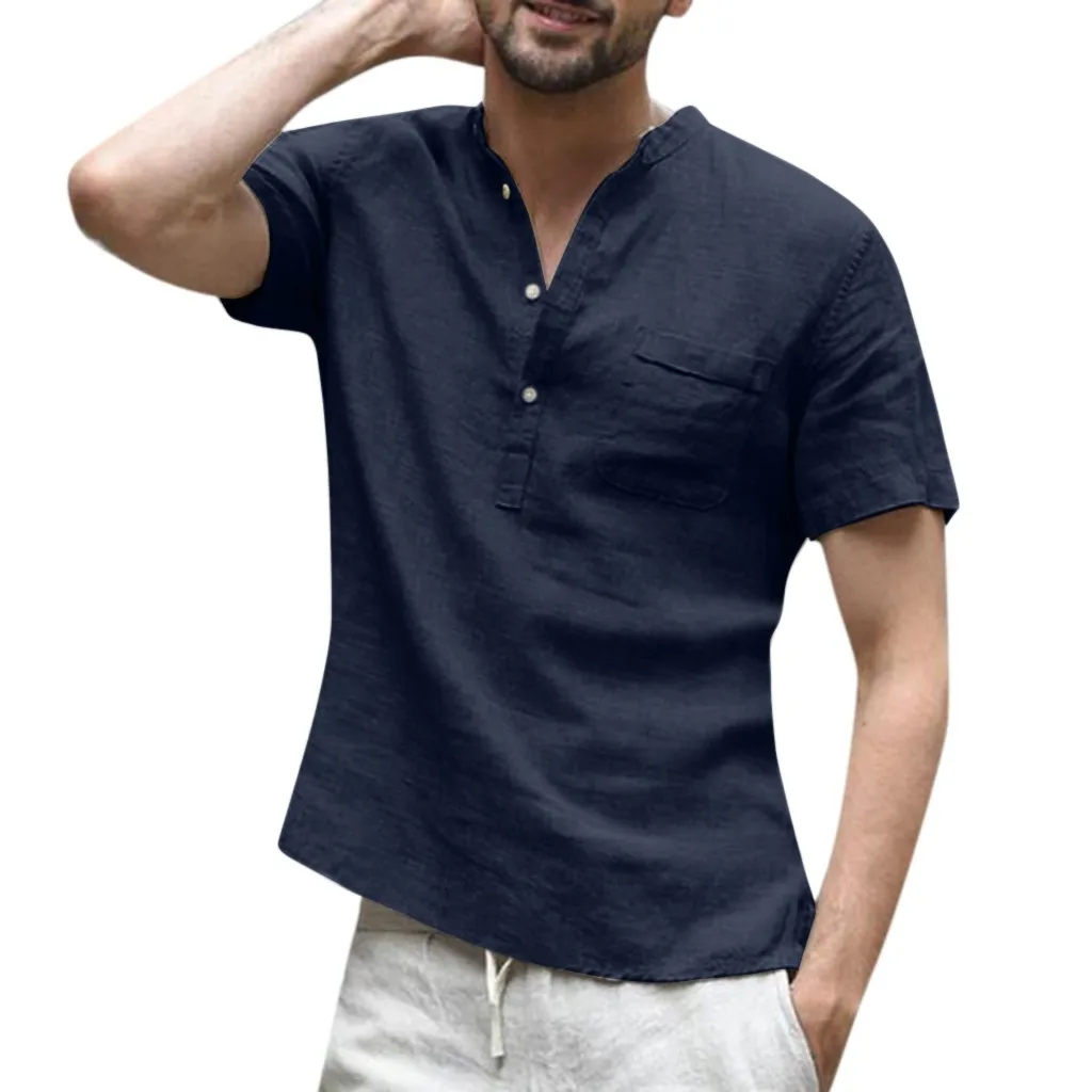 Мужская рубашка размера плюс, мешковатые хлопковые льняные топы, одноцветные блузки с коротким рукавом, летние ретро рубашки camisa masculina